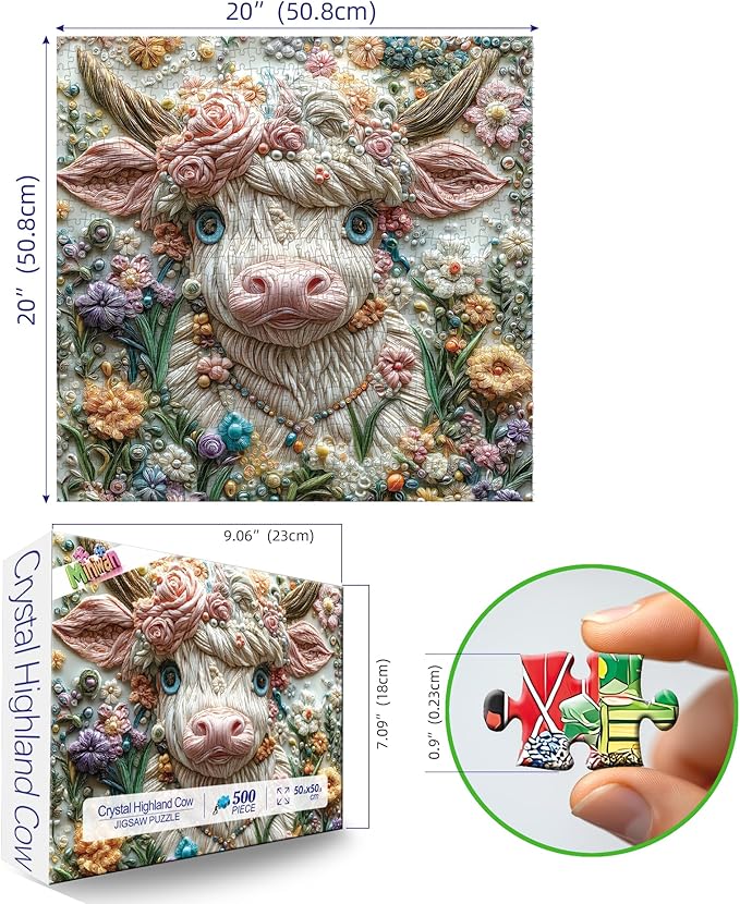 500 Piece Puzzles for Adults - Quilling Art Highland Cow Floral Jigsaw Puzzle, 20x20 Inches 3D Effect Art Puzzle for Relaxation & Home Wall Decor