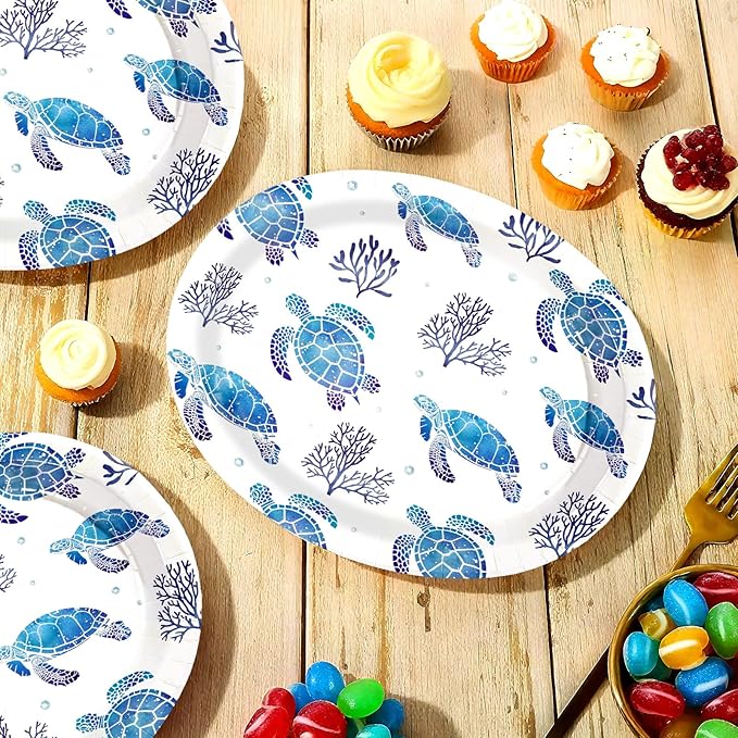 50 Pcs Sea Turtle Oval Paper Plates 10" x 12" Large Heavy Duty Disposable Blue Ocean Coastal Turtle Coral Dessert Plates Platters for Summer Beach Under the Sea Turtles Birthday Party Decorations ﻿