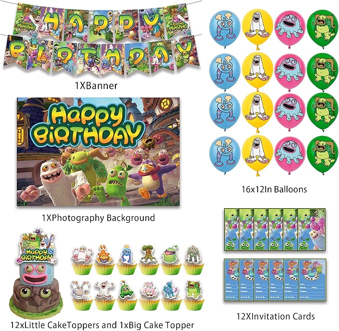 Monster Theme Birthday Party Supplies Includes Cupcake&Cake Topper-Happy Birthday Banner-Background-Balloons-Invitation Card for Kids Monster Party Decoration