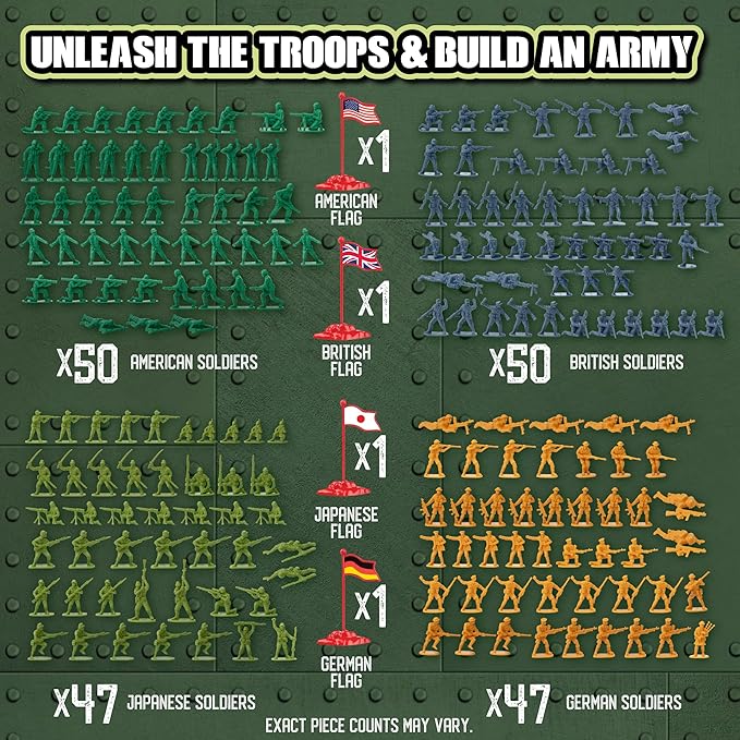 World War II Army Men Toy Action Figure Playset- 200pc Including Soldiers & Flags from The US, Great Britain, Germany & Japan Posed in Realistic Combat Positions- Gift Set for Kids & Collectors
