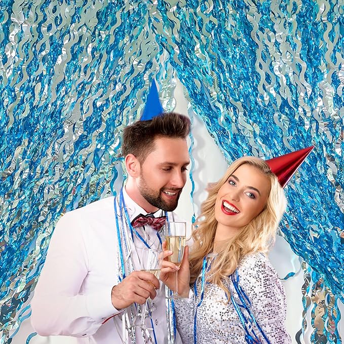 ADLKGG 6 Pack Blue Wavy Foil Fringe Curtain, Streamers Water Beach Backdrop for Ocean Backdrop | Under The Sea Party Decorations | Summer Pool Party Decorations, 3.3x6.6 Feet