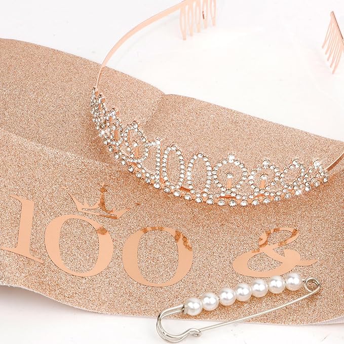 CIEHER 100th Birthday Crown + Sash + Pearl Pin Set, Fabulous 100th Birthday Gifts for Women, Happy Birthday Party Supplies