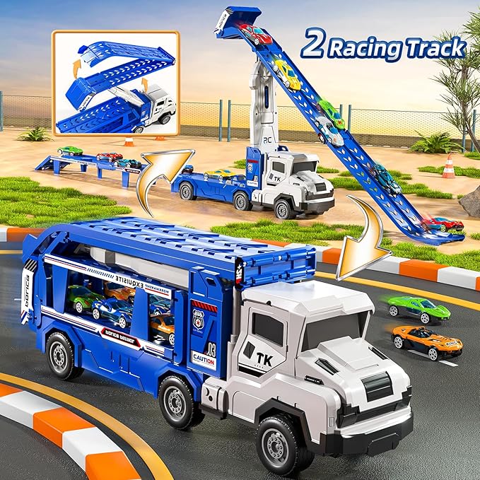 Truck Toys for Kids, Transport Vehicle with 12 Die-Cast Car, Double Race Car Track Cars Ramp Toy, Carrier Truck for Toddler 3-5, Christmas Birthday Gift for 3 4 5 6 7 8 Years Old Boys Girls