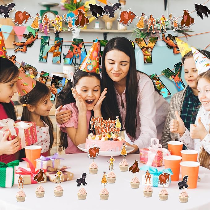 "Tarzn Theme Birthday Party Supplies – Jungle Safari Adventure Decorations – Includes Happy Birthday Banner, Cake Topper, Cupcake Toppers, Garland, and Jungle Party Table Décor for Celebrations"