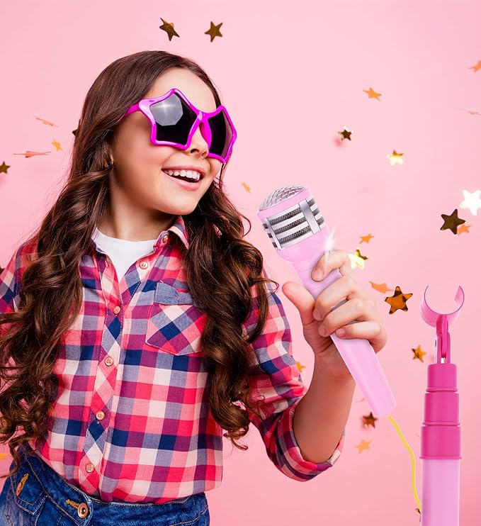 Mozlly Super Star Kids Karaoke Machine with Microphone Stand Playset - Pink Microphone with Stand with Built-in Jack and Speaker for MP3 Player, Singing Toys for Girls and Boys with Music and Light