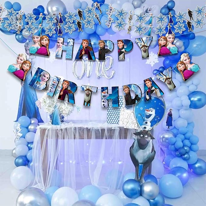 Frozn Theme Birthday Party Supplies - Decoration Set for Girls Celebration, Ice Princess Party Décor Kit with Banner, Cake Topper, Cupcake Toppers and Table Decorations for Home Event Setup