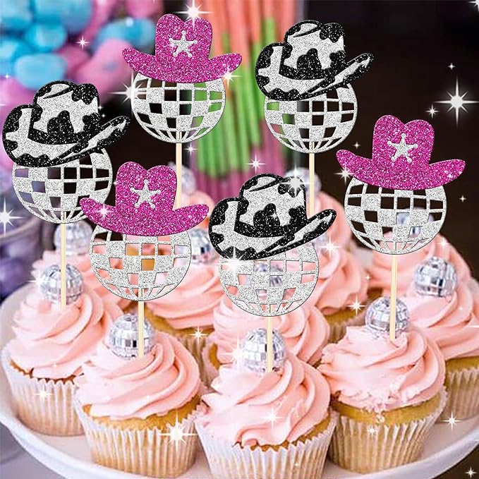 24 PCS Sparkling Disco Ball Cupcake Toppers Western Cowboy Hat Cupcake Picks Cowgirl 70s Disco Balls Cupcake Decorations for 1970s Music Disco Theme Birthday Party Cake Decorations Supplies