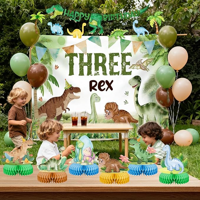 Three Rex Dinosaur Birthday Party Decorations, 3rd Birthdays Decoration for Boys Girls 3rex Dinosaurs Backdrop Honeycombs Balloons Banner Supplies for kids Dino Theme Party (Dinosaur)