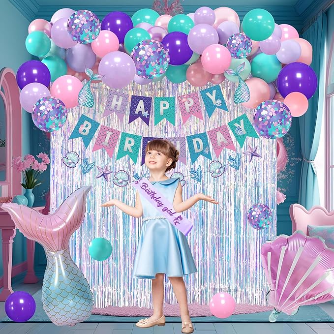 Mermaid Birthday Decorations for Girls,Fringe Curtains Happy Birthday Banner,Red balloons,Cake Toppers for women