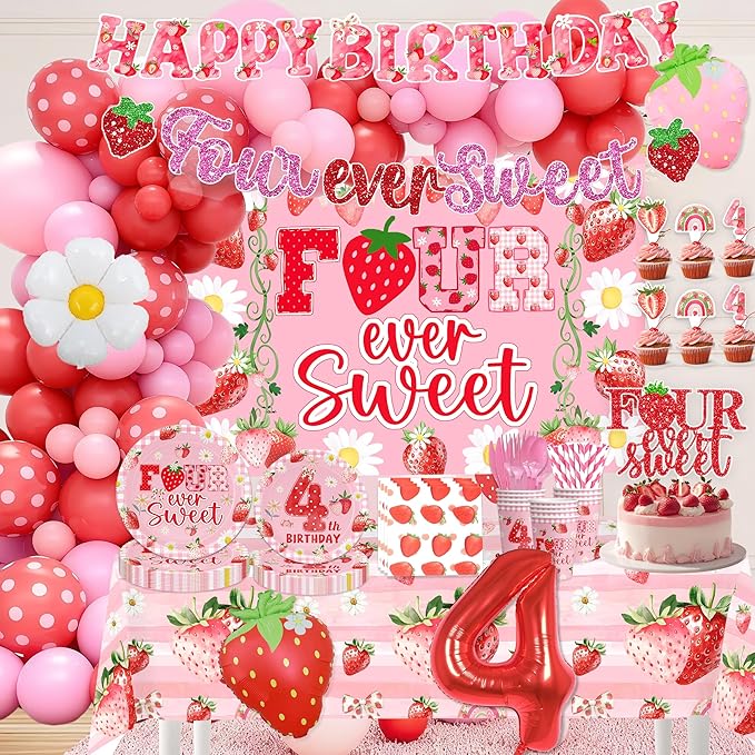 Strawberry 4th Birthday Decorations, 4th Birthday Party Decorations,Four Ever Sweet Party Supplies for include Tableware Set Plates and Napkins Balloon Backdrop Tablecloth Serve 20