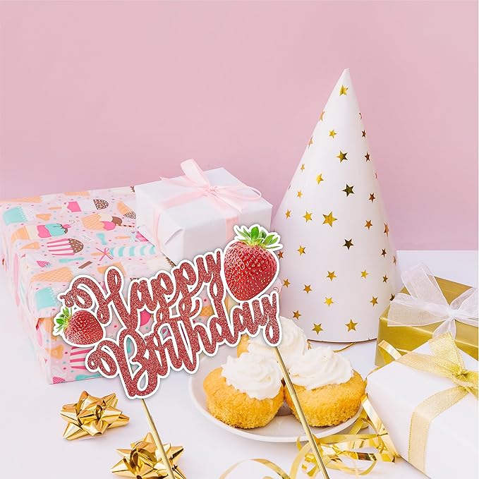 Real Strawberry Happy Birthday Cake Topper – Fresh Fruit Theme Cake Decoration for Birthday Celebration, Strawberry Inspired Dessert Topper for Party Cakes, Table Display Styling, Photo Setup.