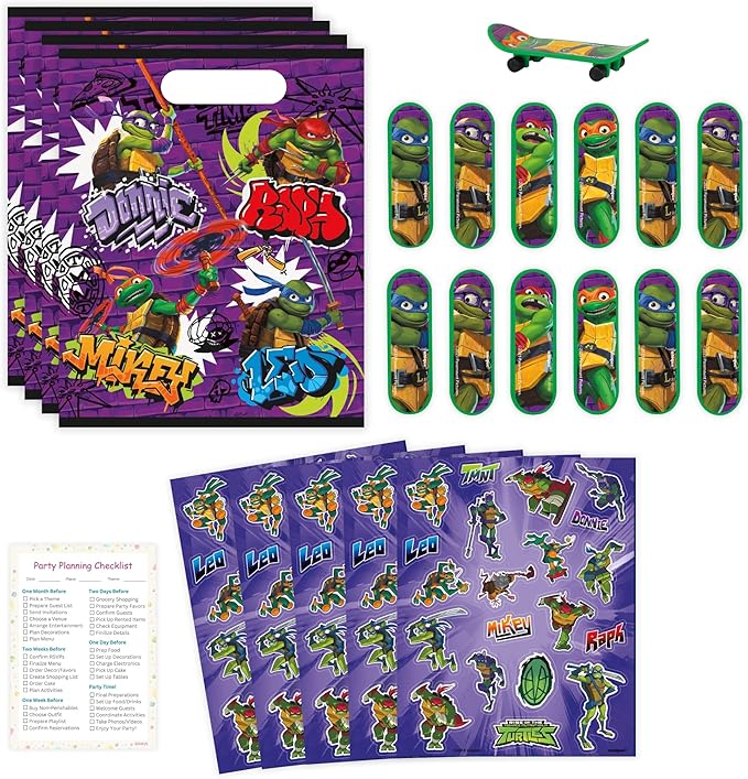 Unique Ninja Turtle Party Favors Pack - 16 Guests - TMNT Party Favor Bags, Sticker Sheets, Mini Skateboards, Checklist - Teenage Mutant Ninja Turtle Party Decorations & Supplies