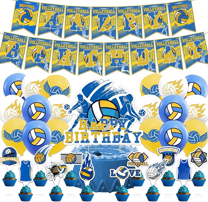 Volleyball Theme Party Supplies Volleyball Birthday Party Decorations Includes Volleyball Happy Birthday Banner Cake Topper Cupcake Toppers Balloons for Sports Party Volleyball Theme Party
