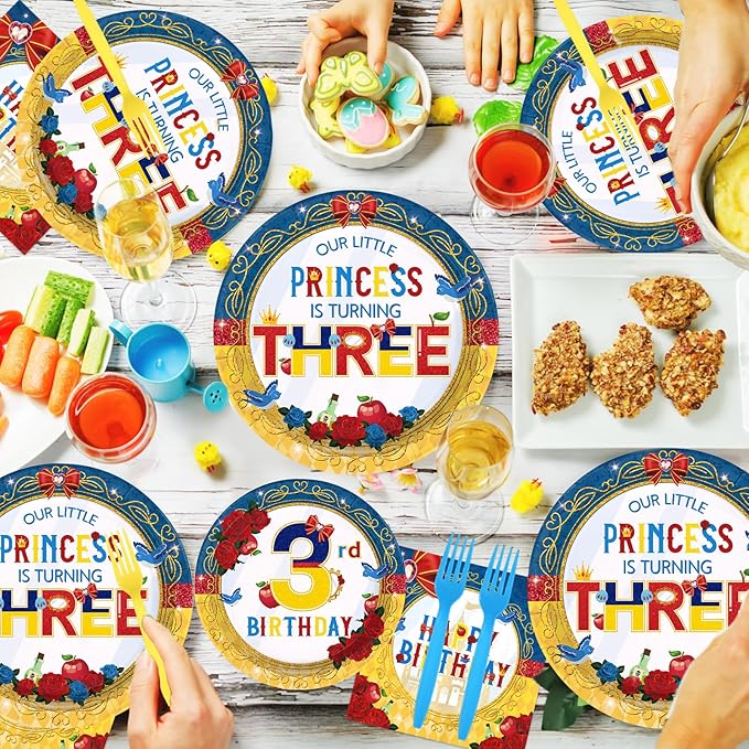 96 Pcs Snow Princess 3rd Birthday Party Supplies Cartoon Snow Plates and Napkins Red Blue Yellow Tableware Set for Girls 3rd Birthday Baby Shower Princess Theme Party Supplies, Serves 24