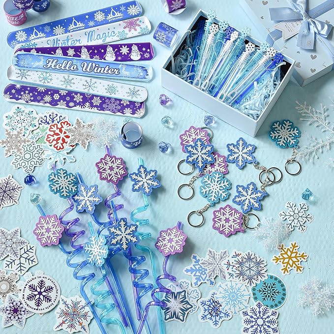 Golray 98pcs Snow Party Favors Birthday Supplies for Girls Kids Snowflake Straw Bubble Wands Sticker Toy Prize Filler Goodie Bag Stuffer Winter Girl Party Favors