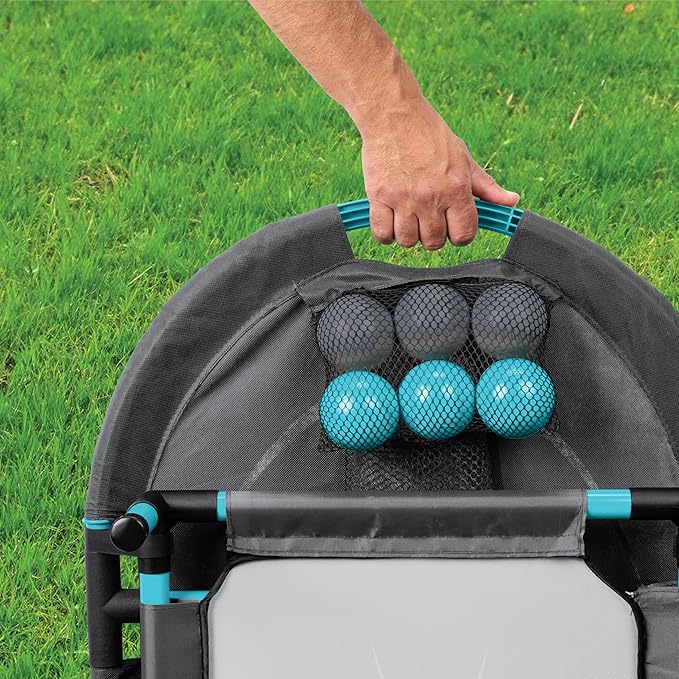 EastPoint Spring Fling Bounce Game - Black/Blue Durable PVC Construction - 6 Balls, 20in Trampoline & 29.5in x 24in Target - Dynamic Reflex Game, Sports Activities for Boys, Organizer for Easy Storage