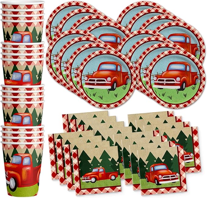 Red Vintage Pickup Truck Birthday Party Supplies Set Plates Napkins Cups Tableware Kit for 16