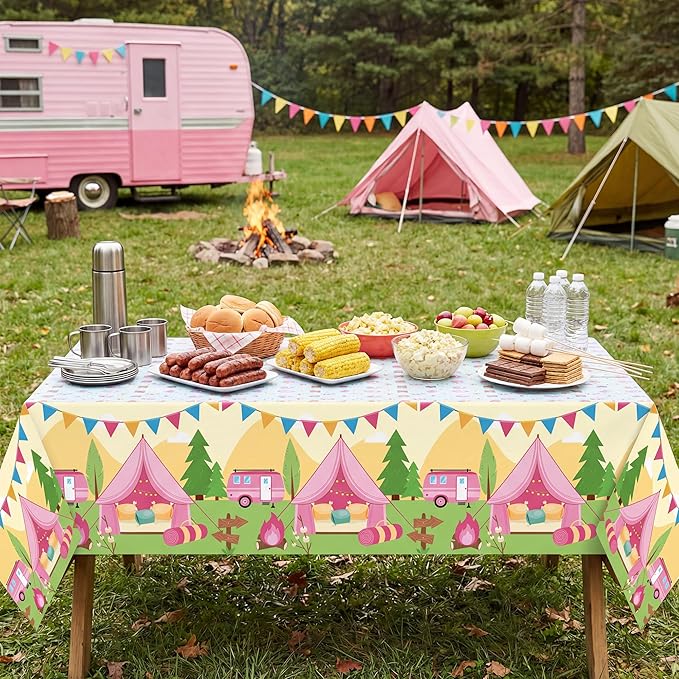 Table Cover Party Decor - 3 Pack Pink Camping Themed Disposable Plastic Rectangle Table Cloths Birthday School Christmas Holiday Party Favors Classroom Decoration Supplies Games Activities
