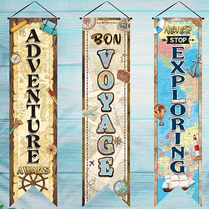 3 Pieces Travel Themed Party Decorations Adventure Awaits Banners Vintage Bon Voyage Porch Signs for Indoor Outdoor Graduation Retirement Hanging Backdrops Going Away Farewell Party Decor