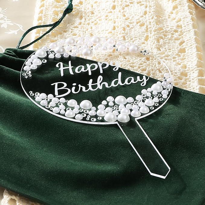 Coucoland Birthday Cake Topper - Round Acrylic Cake Decor with Sparkling Rhinestones and Pearls for Party Supplies