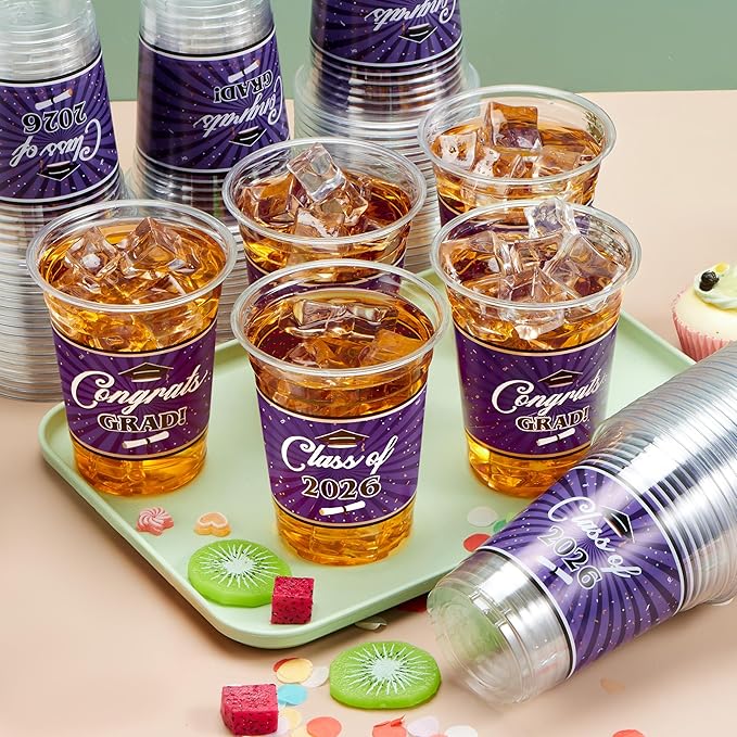 JOYIN 100 Pcs 16oz Graduation Party Plastic Cups (Purple), PET Cup Tableware Bulk for Class of 2026 Graduates, Grad Disposable Cups for 2026 High School College Graduation School Grad Party Supplies