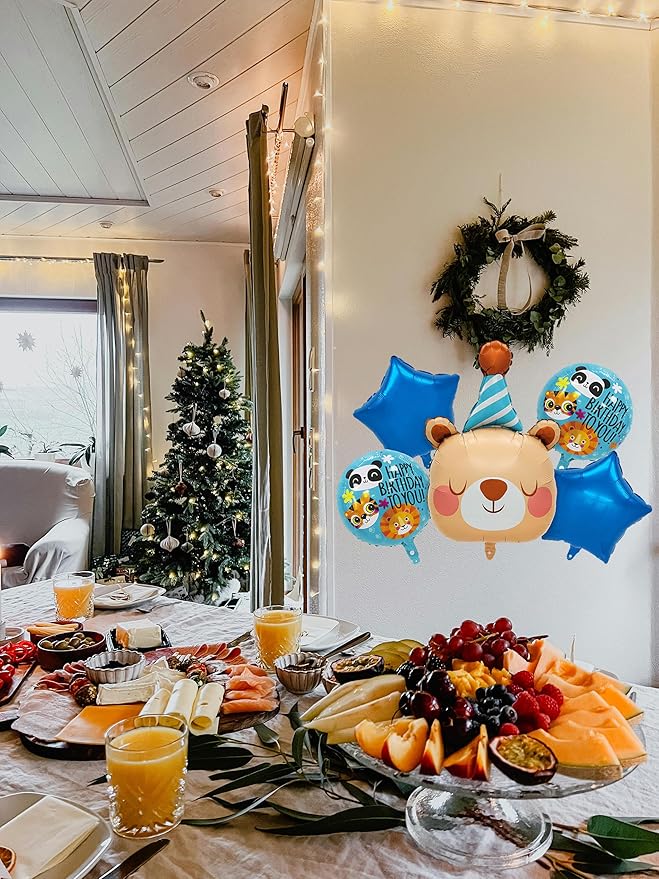 3D Bear Balloon,Kids Happy Birthday Star-shaped Balloon Party Decoration,Baby Shower Children Jungle Themed Decorations Woodland Safari Animal Balloons,5Pcs of Set