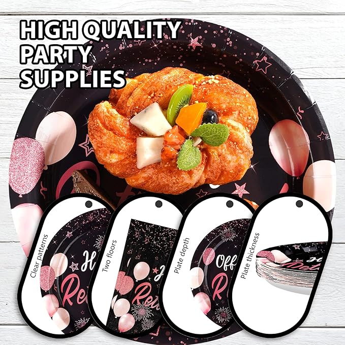 96Pcs Retirement Party Decorations Black Rose Gold Retirement Plates and Napkins Tableware Set Officially Retired Party Decoration for Women Going Away Graduation Farewell Birthday Supplies Serves 24