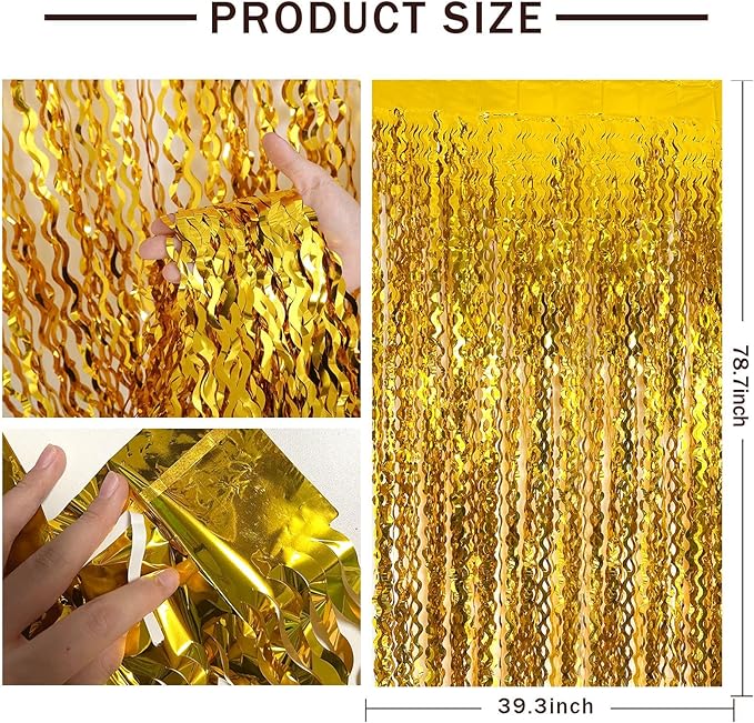 Gold Foil Fringe Backdrop Curtain Wave Golden Streamers Tinsel Photo Backdrop Gold Party Decorations for Anniversary, Birthday, Halloween, Masquerade, Graduation, New Years Eve, Bachelor Party