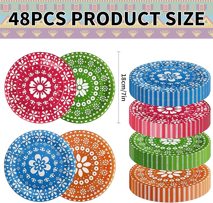 48PCS Fiesta Party Plates, 7 Inch Fiesta Paper Plates Cinco De Mayo Decorations Mexican Theme Party Decorations Supplies for Taco Birthday Baby Shower