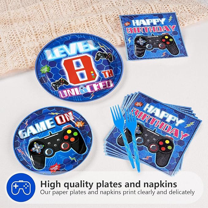 Grencian 96 Pcs 8th Video Game Birthday Party Decorations Blue Video Game Level 8 Birthday Plates and Napkins Tableware Sets for Kids Boys 8 Years Old Gamer Gaming Party Supplies Favors Serves 24