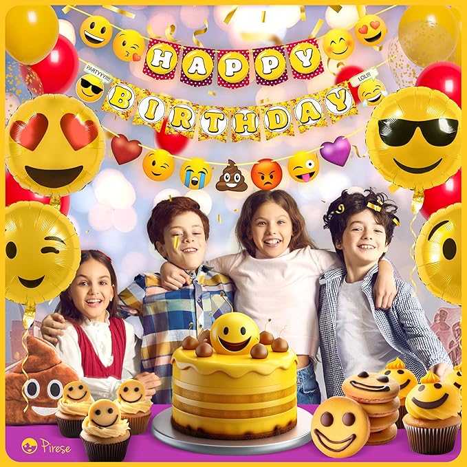 Pirese Emoticon Birthday Decorations - Smile Face Party Supplies, Happy Birthday Banner, Yellow Emoticons Decor, Poop Party Supplies