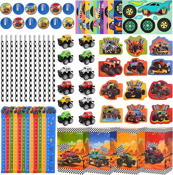 84pcs Truck Party Favors, Car Themed Birthday Party Supplies Including Truck Toys Notebooks Rulers Pencils DIY Stickers Pencil Sharpener, Race Car Themed Party Goodies Classroom Rewards