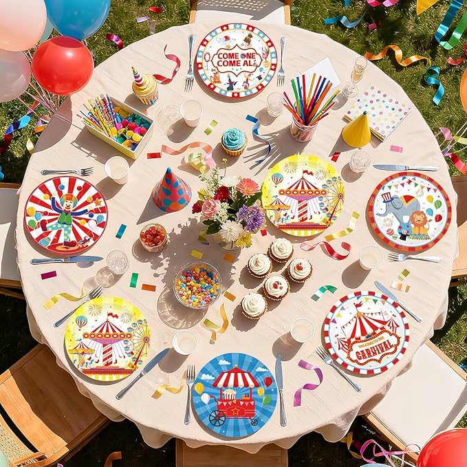 60Pcs Circus Paper Plates 9" Heavy Duty Disposable Carnival Circus Dessert Plates Circus Theme Party Decoration for Kids Boys Girls Birthday Baby Shower Festive Party Supplies