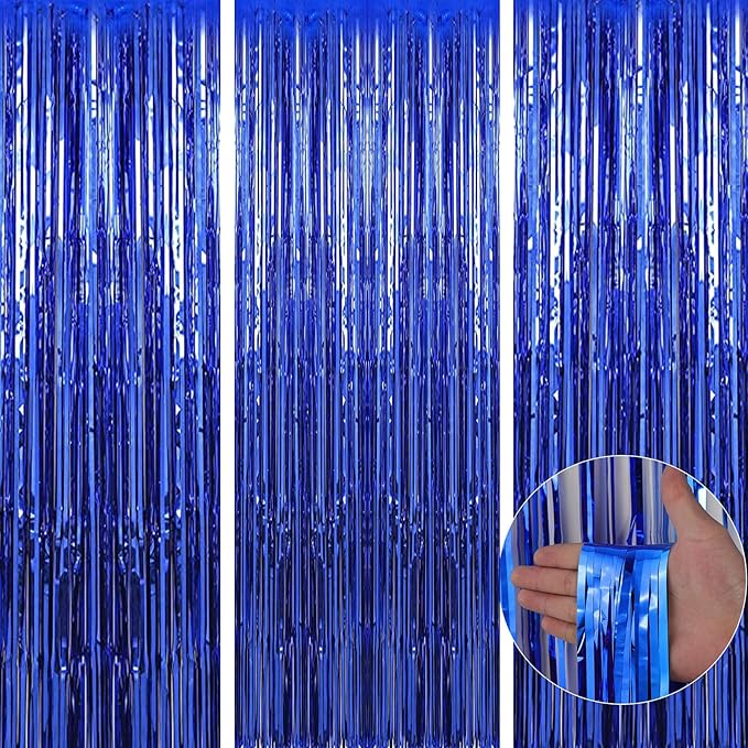 Birthday Party Decorations| 3 Pack 3.3 x 9.9 ft Blue Foil Fringe Curtains Party Supplies|Tinsel Curtain Backdrop for Parties, Glitter Streamers Backdrop for Birthday/Photo Booth Backdrops/Party Decor