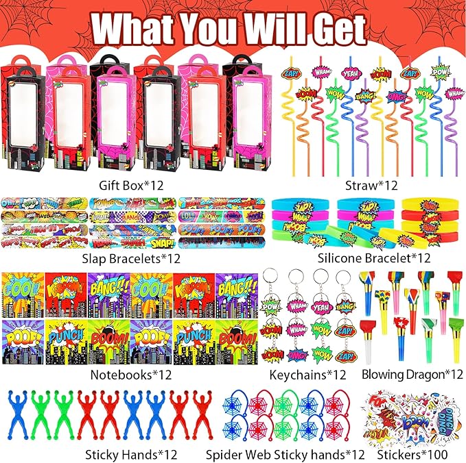 208Pcs Spider Party Favors - 12 Guests Set Include Goodie Box Straw Mini Notebooks Slap Bracelets Keychain Blowers Stickers Sticky hands Toy, for Carnival Classroom Prizes Birthday Party Gift