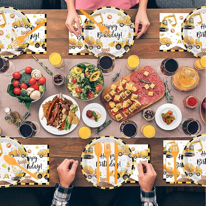 Oigco Construction Birthday Party Supplies Construction Theme Decorations Includes Plates, Cups, Napkins, Cutlery, Perfect for Boys Kids Birthday Party, Serves 24 Guests