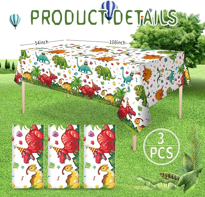 Tegeme 3 Pcs Dinosaur Plastic Tablecloth Dinosaur Party Table Cover 54 x 108 Inch Disposable Waterproof Dino Print Table Cloth for Birthday Party Supplies Picnic