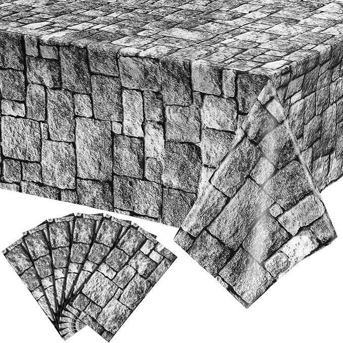 Irenare Halloween Stone Wall Tablecloths, Medieval Castle Party Decorations Supplies Disposable Plastic Brick Stone Tablecloth Brick Wall Table Covers for Birthday Party Favors(6 Pack,108 x 54 Inch)