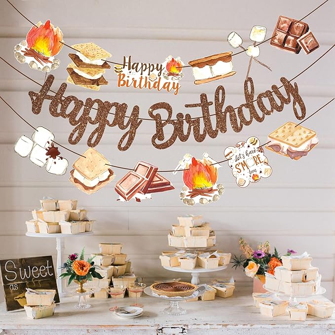 S'more Birthday Party Banners S'more Party Happy Birthday Banners Bonfire Camping Theme Hanging Decoration for Campfire Camper Birthday Party Baby Shower Supplies