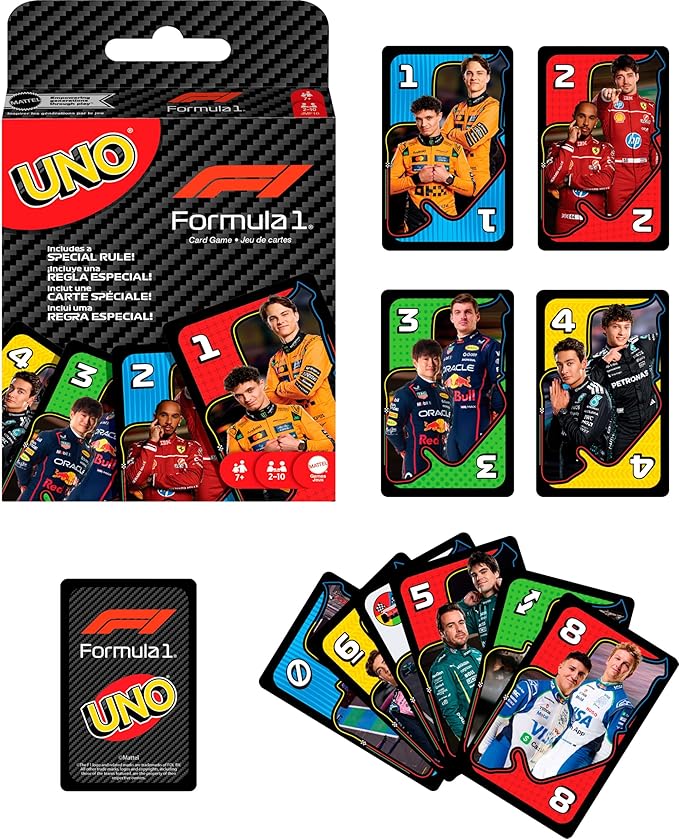 Mattel Games UNO F1 Card Game for Kids, Families, Travel & Camping, Deck Features Images from The World of Formula 1 Racing