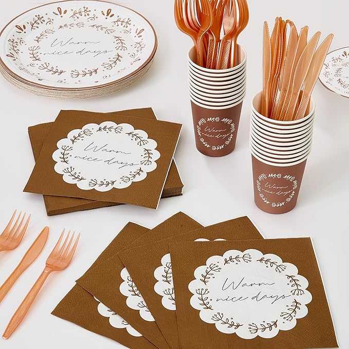144Pcs Boho Birthday Party Supplies Decorations Brown Flower Paper Plates Napkins Vintage Party Tableware Disposable Dinnerware Set for Birthday Baby Shower Table Decor, Serve 24