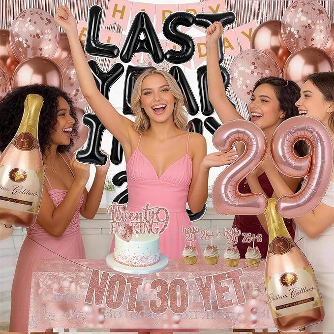 Last Year In my 20S Birthday Decorations for Women include Last Year In My 20s Balloon Banner Not 30 Yet Glitter Banner Cake Topper Cupcake Toppers for 29th Birthday Decor Party Supplies (rose gold)
