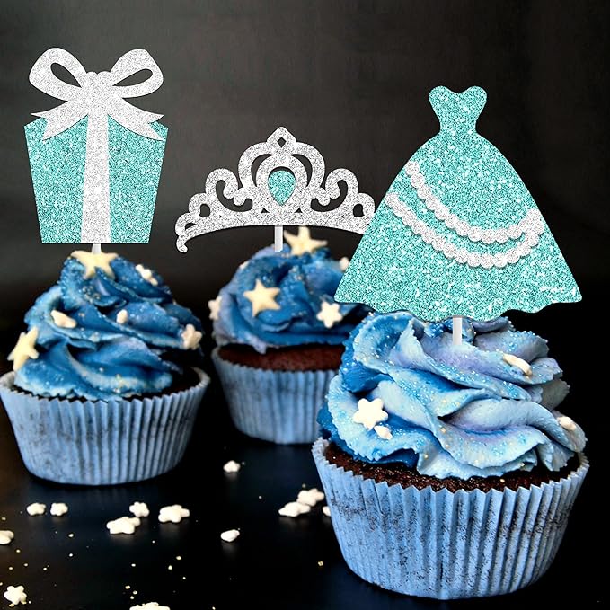 Breakfast Blue Cupcake Topper Teal Blue and Silver Bow Birthday Cupcake Pick 24Pcs Glitter Diamond Princess Cake Decorations for Teal Blue Bridal Shower Wedding Party Supplies
