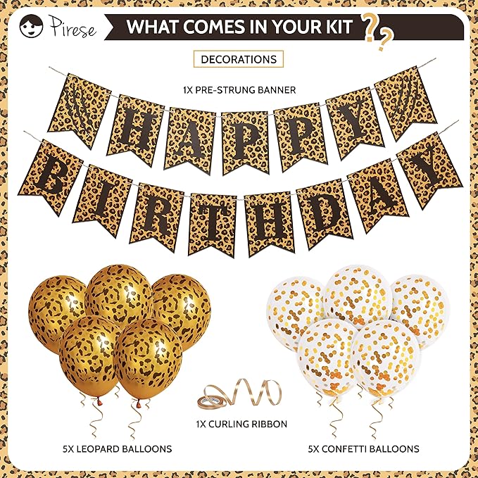 Pirese Cheetah Happy Birthday Banner – Cheetah Birthday Decorations, Leopard Party Decor, Safari Theme Party Supplies, Animal Print Party