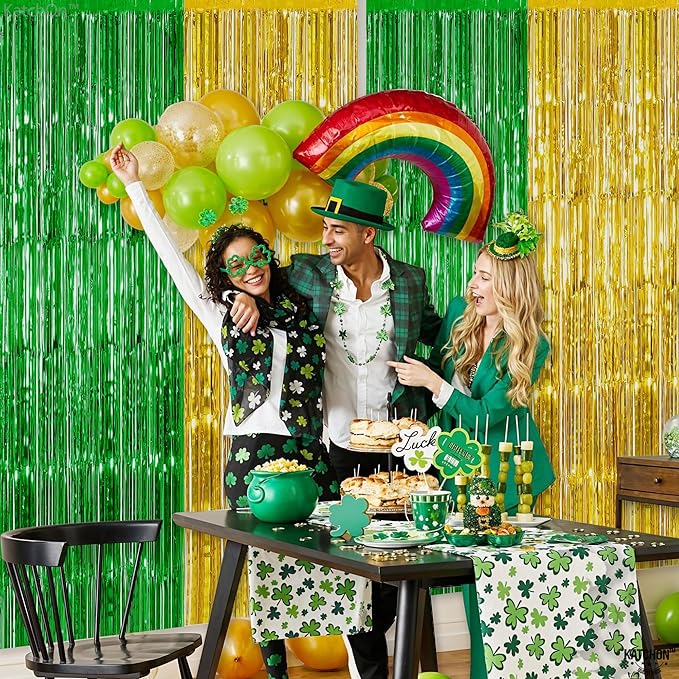 KatchOn, Green and Gold Foil Fringe Curtains - 6.5x6.5 Feet | St Patricks Day Backdrop for St Patricks Day Decorations | St Patrick's Backdrop, St. Patrick's Day Decorations
