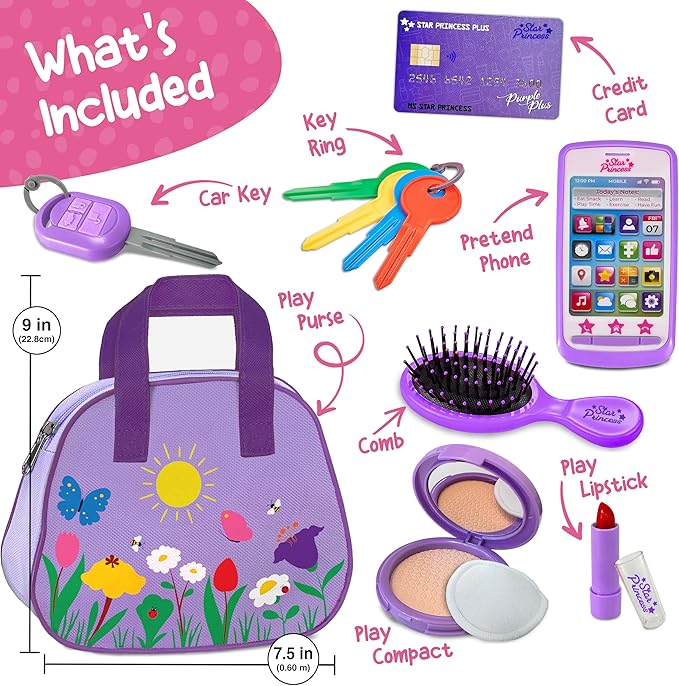 Play Purse for Toddlers with Accessories, Toddler Girl Toys 1 2 3 Years Old with Pretend Makeup, Keys, Smartphone, Toddler Toy Purse for Little Girls - Birthday Gift for Toddlers Girls Ages 2-3 Purple