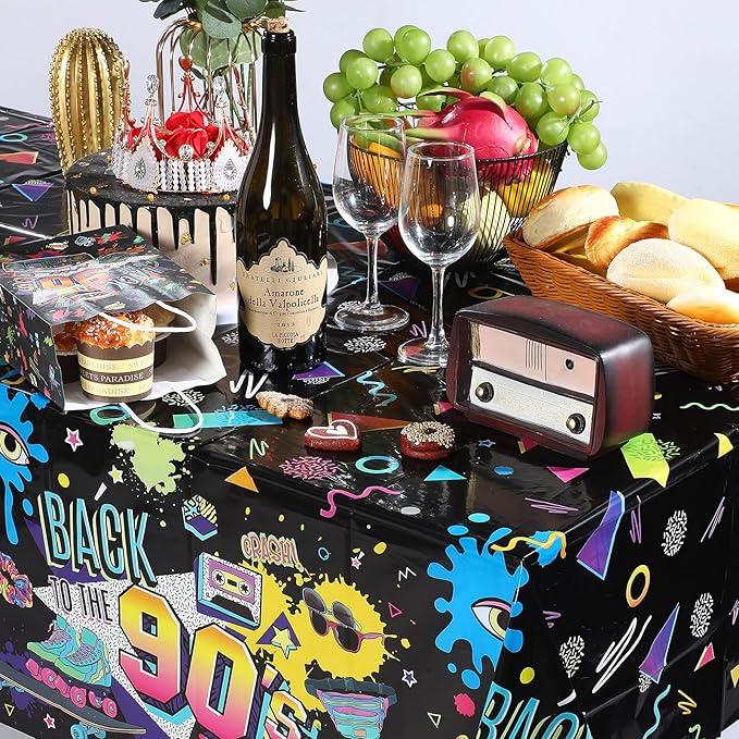 Tegeme 1 Pcs 90s Plastic Party Table Cover Back to The 90's Tablecloth 90s Birthday Party Decoration The 90's Hip Hop Supplies Throwback Birthday Decor for Room Kitchen 54 x 108 Inch