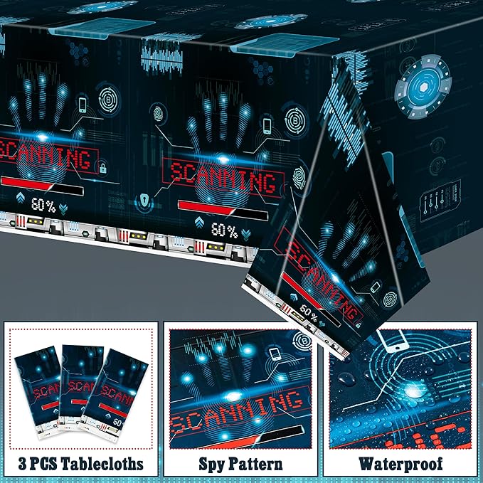K1tpde Blue Spy Party Tablecloths - 3PCS Secret Agent Theme Table Cover for Kids Birthday Party Escape Room Plastic Tablecloth Mystery Decorations for Boy Spy Detective Supplies