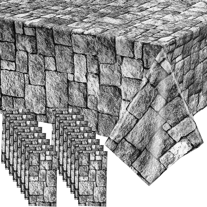 Irenare Halloween Stone Wall Tablecloths, Medieval Castle Party Decorations Supplies Disposable Plastic Brick Stone Tablecloth Brick Wall Table Covers for Birthday Party Favors(16 Pack,108 x 54 Inch)