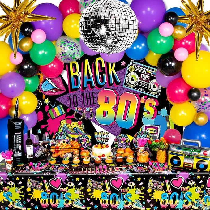 80s Party Decorations, 80s 90s Theme Birthday Party Supplies Includes Inflatable Radio Boombox & Mobile Phone, Back To The 80's Backdrop, Tablecloth, Plates, Napkins, Hip-Hop Cake Toppers
